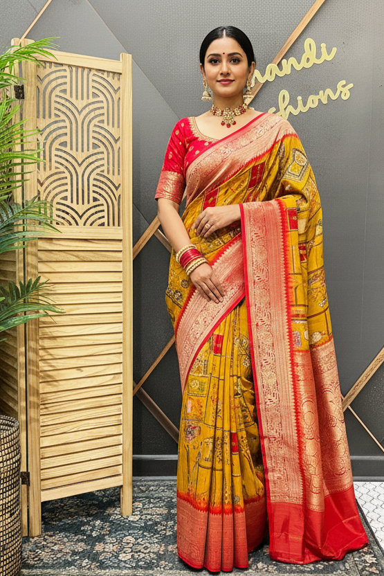 Unique Pattern - Mustard yellow Russian Silk saree with Stitched Blouse