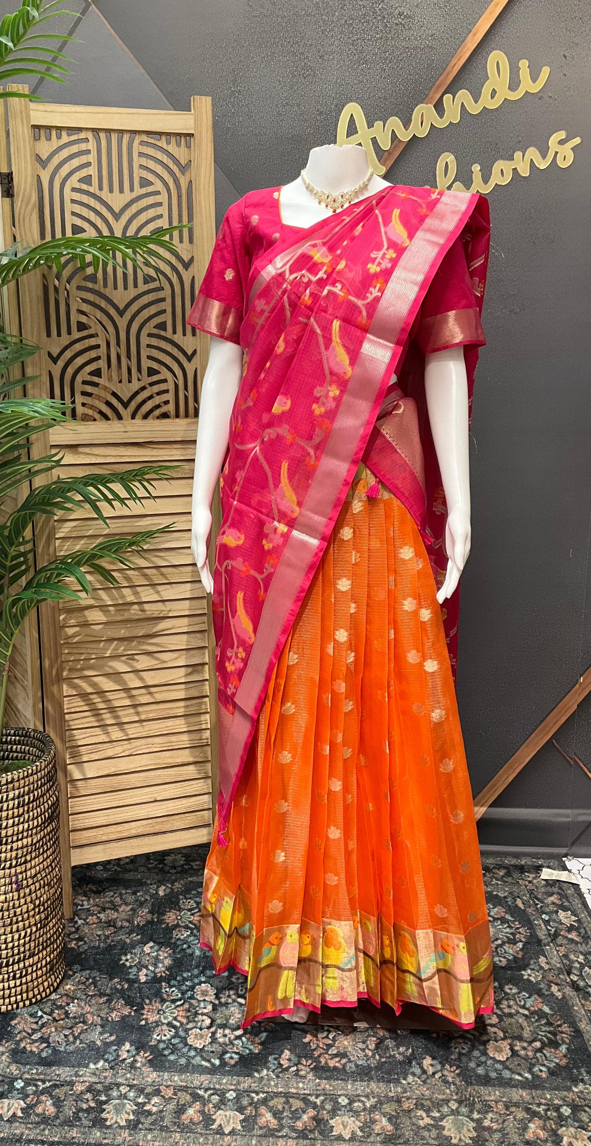 Zari Kota Half Saree - Orange & Pink - Size 40