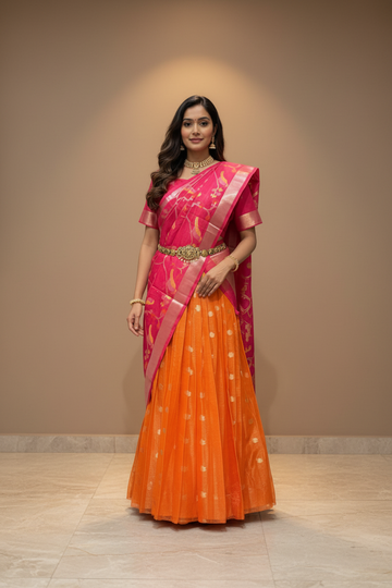 Zari Kota Half Saree - Orange & Pink Combination - Adult Size