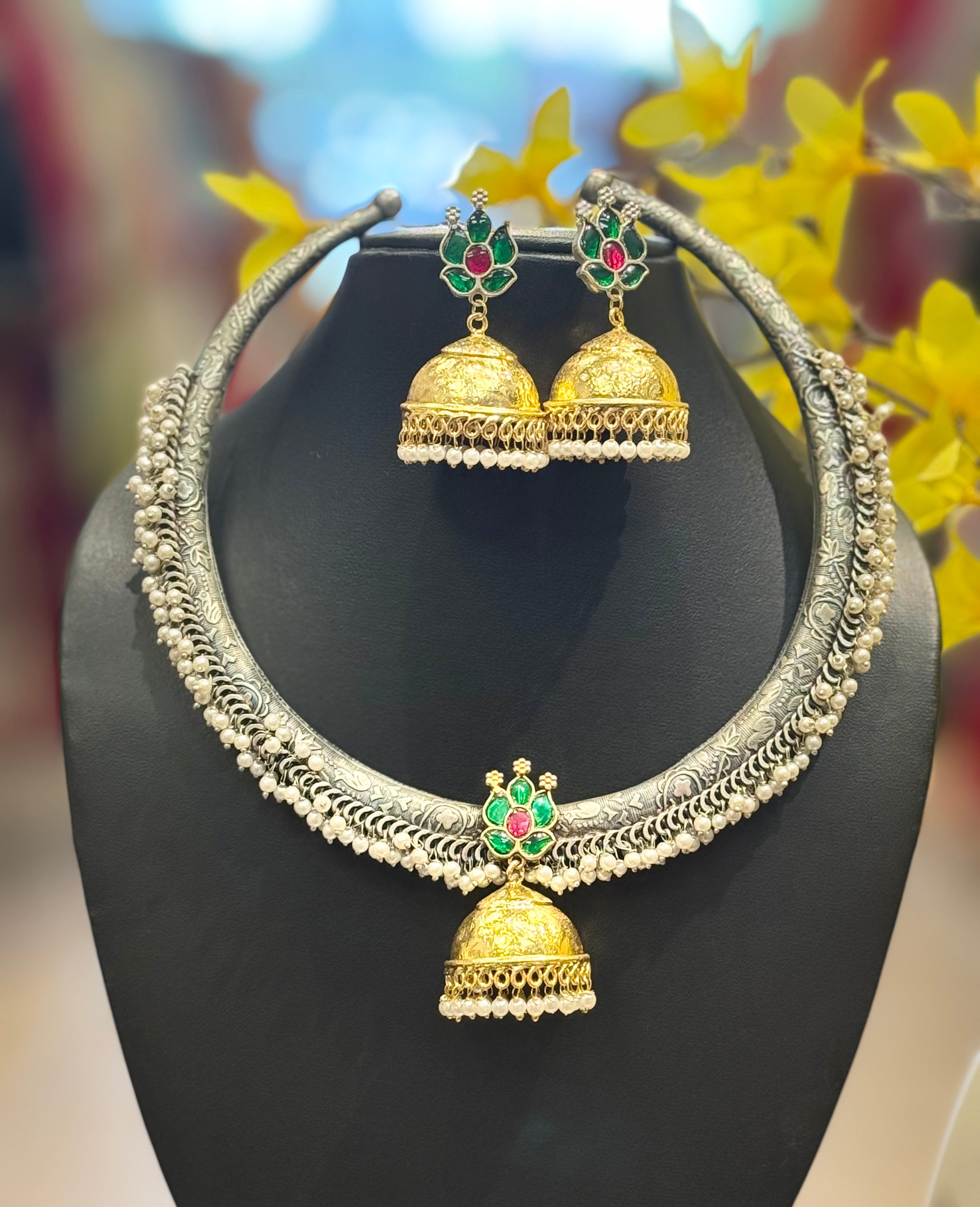 Dual Tone German Silver Necklace set with Jadav Kundan
