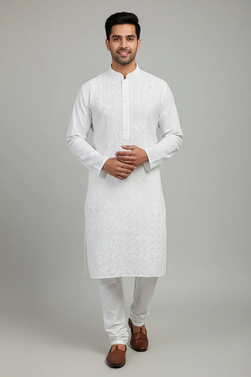 Man wearing white embroidered Indian ethnic kurta and churidar with brown traditional shoes on gray background
