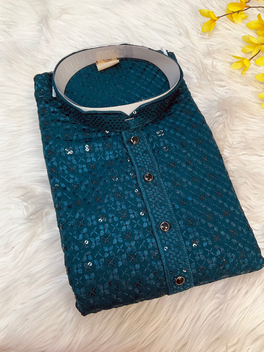 Peacock Blue Rayon Chikankari Kurta sets