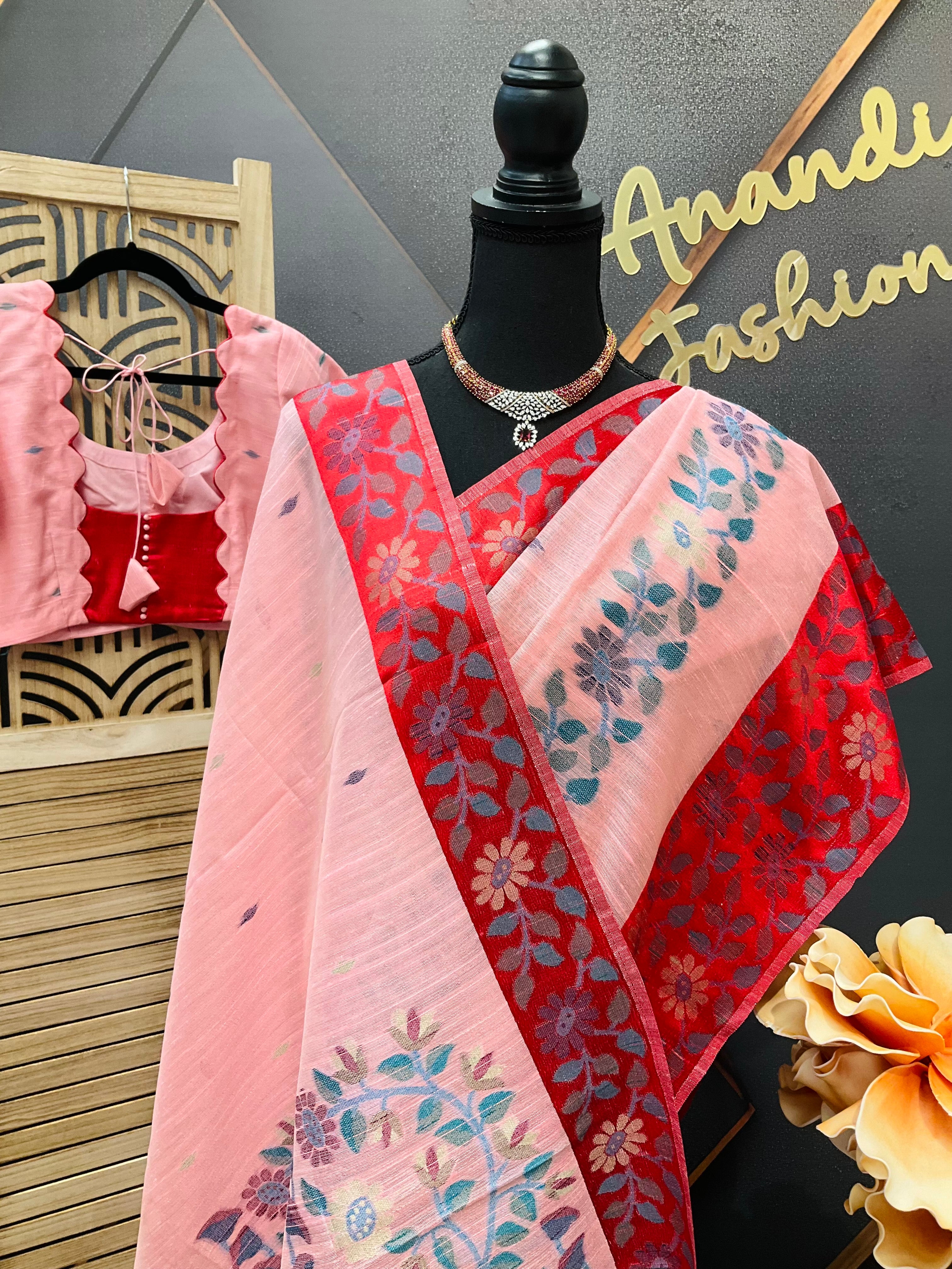 Pink-Lenin Jamdhani Saree with Stitched blouse- fall pico done