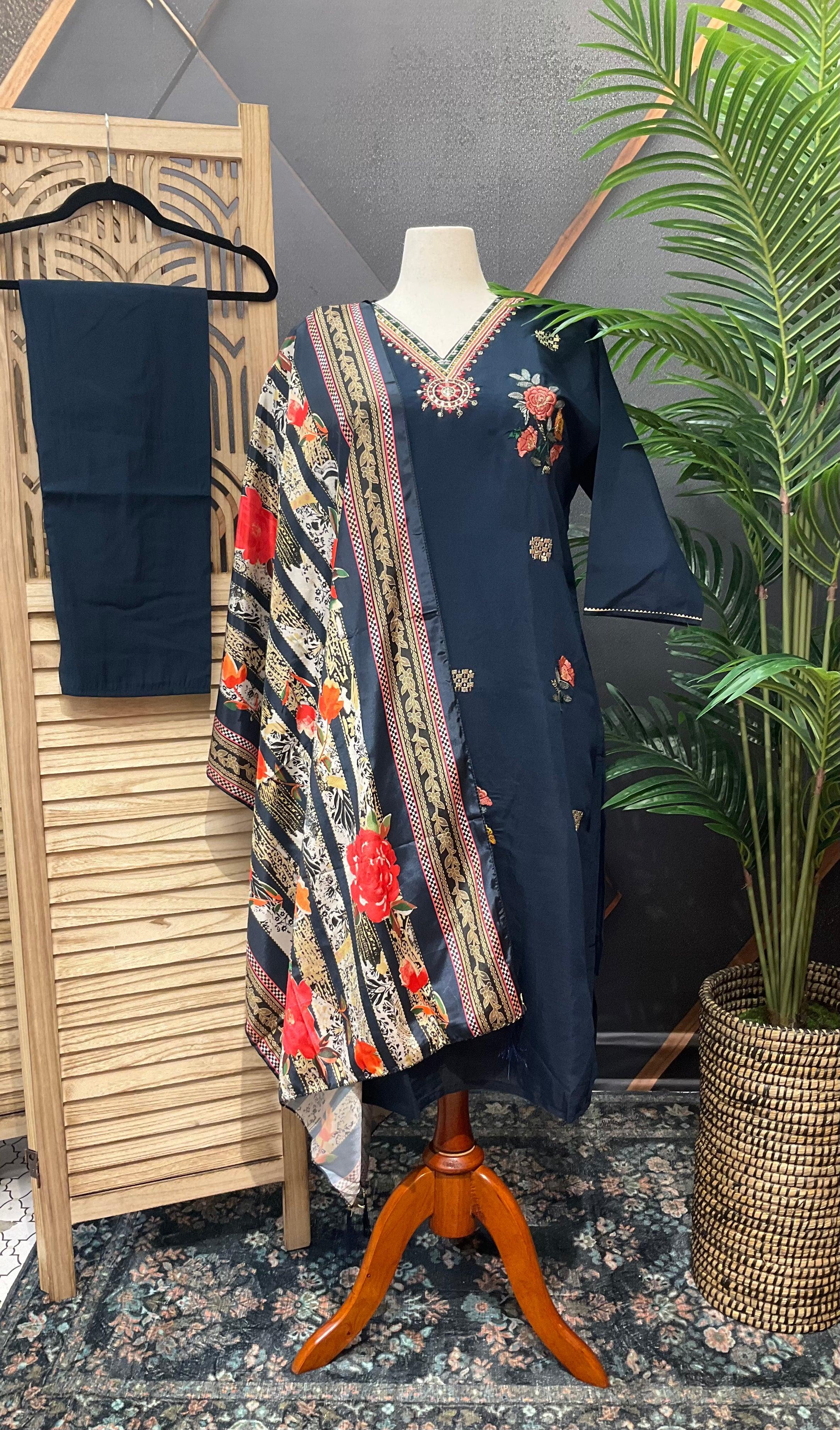 Navy Blue Party Wear Kurti Set Size 42/44 - Roman Silk with Embroidery