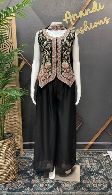 Black Sharara Set with Embroidery Work - Party Wear