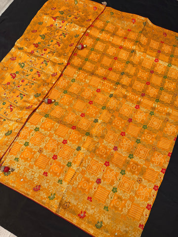 Mango Yellow Bhandhini Weaving Saree - Premium Quality with Bead Embroidery & Red Blouse