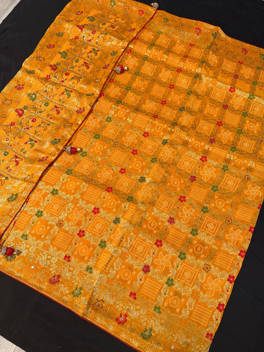 Mango Yellow Bhandhini Weaving Saree - Premium Quality with Bead Embroidery & Red Blouse