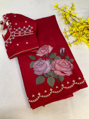 Red Tussar saree with stitched Blouse