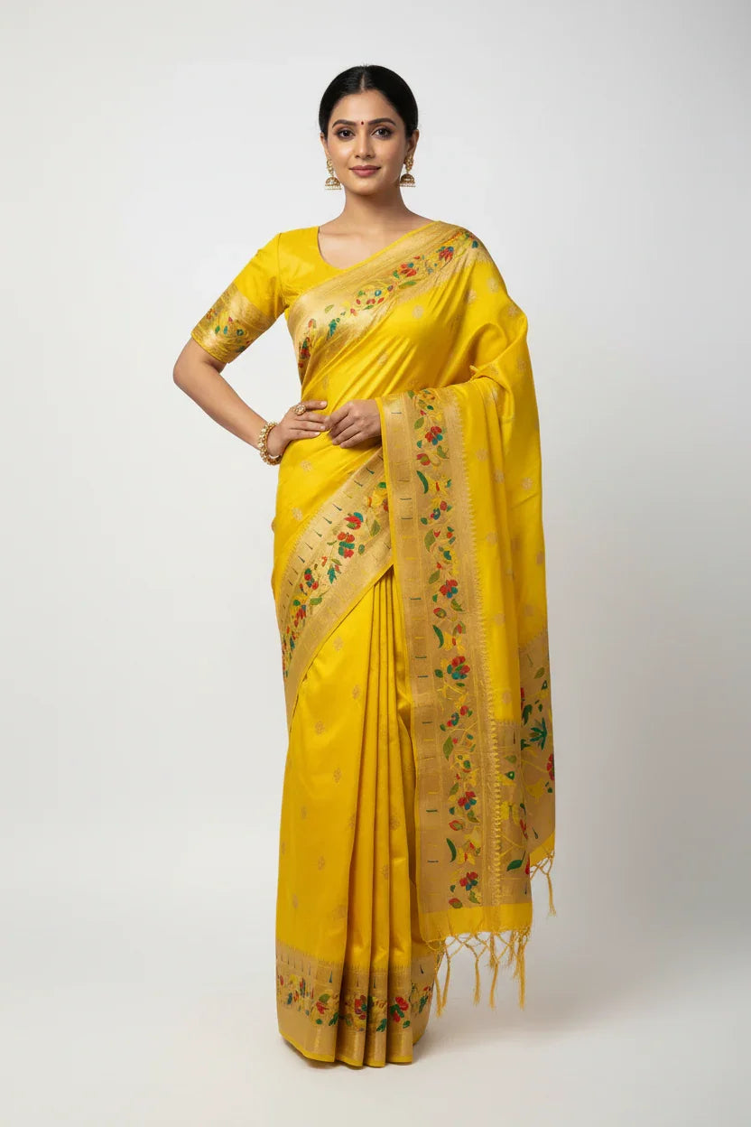 Woman wearing bright yellow traditional Indian saree with floral gold border, gold jewelry, standing against white background
