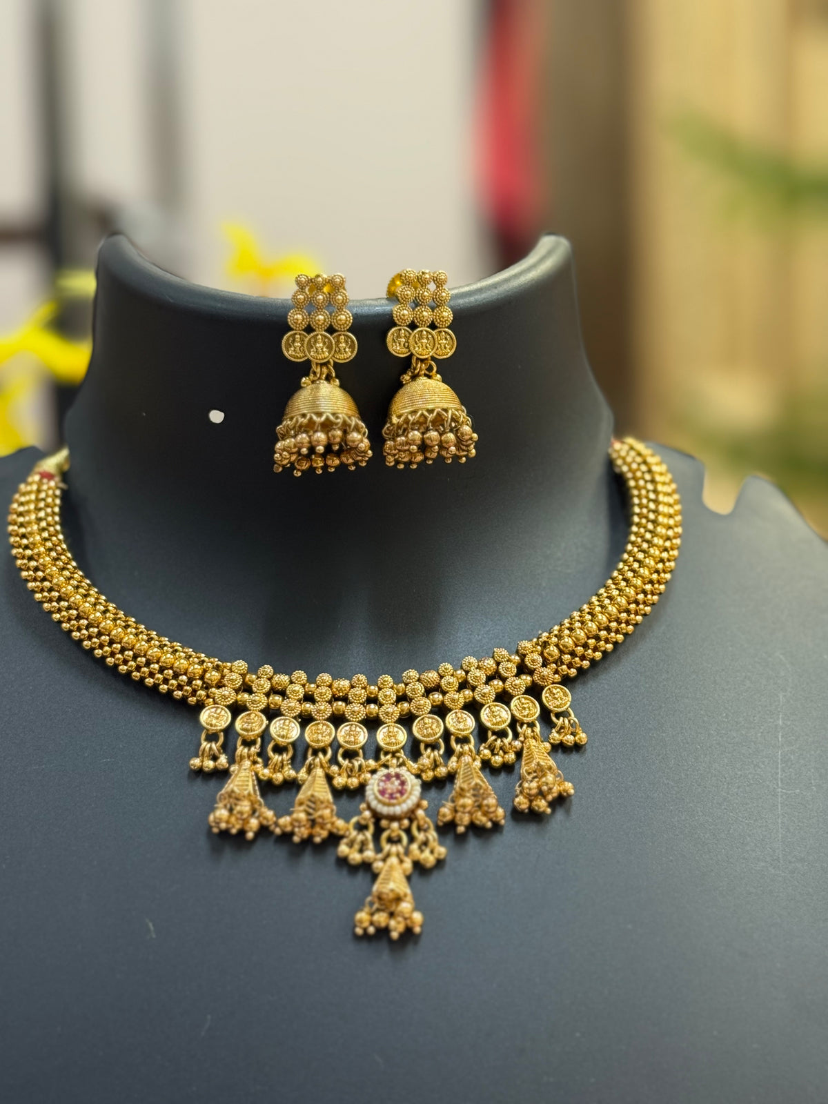 Thusi Necklace Set with Lakshmi Coin Design