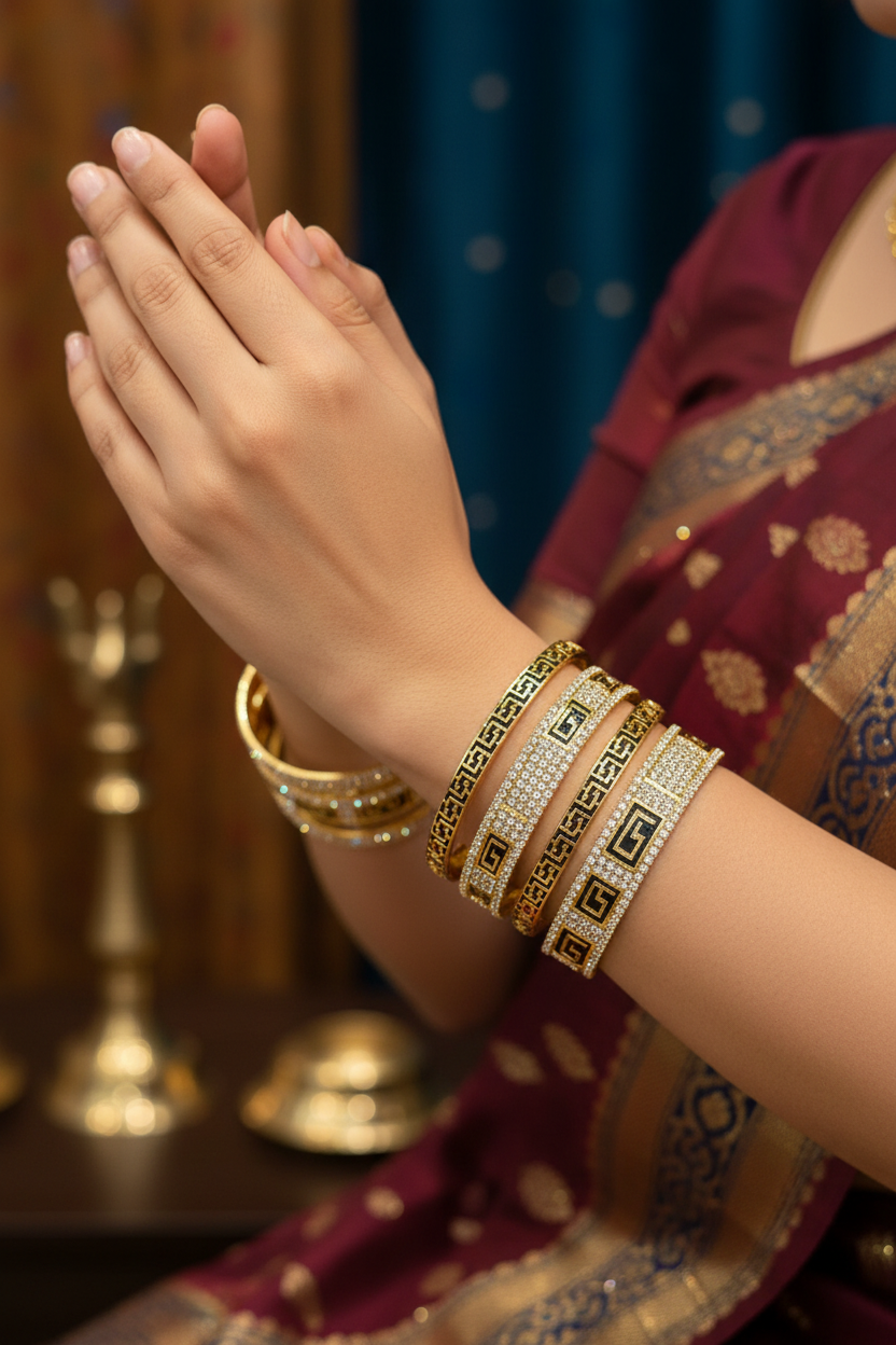 Close-up of woman hands wearing gold and diamond-studded Indian bangles with maroon ethnic saree at Anandi Fashions