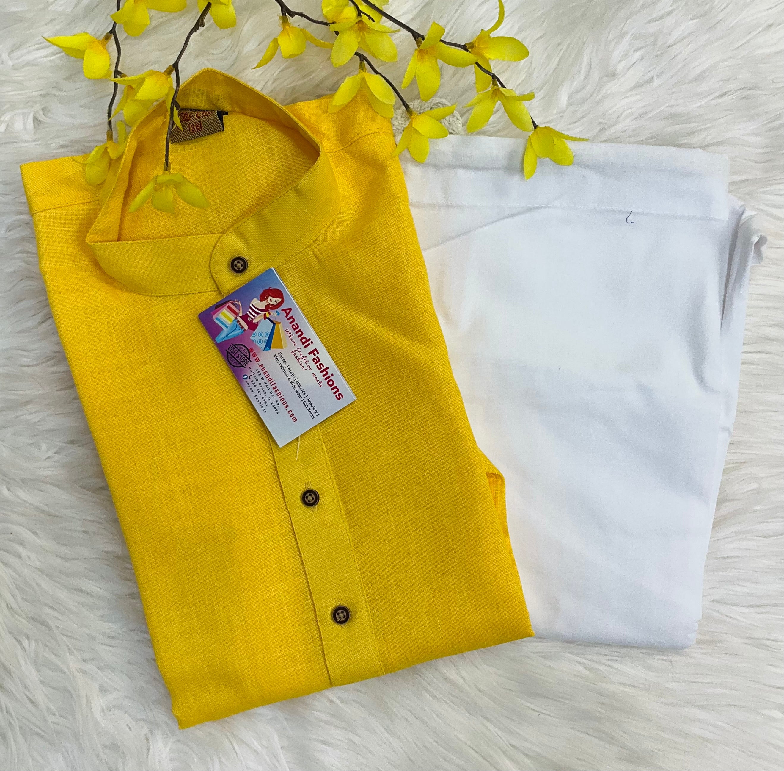 Size 36- Yellow Mens cotton kurta set
