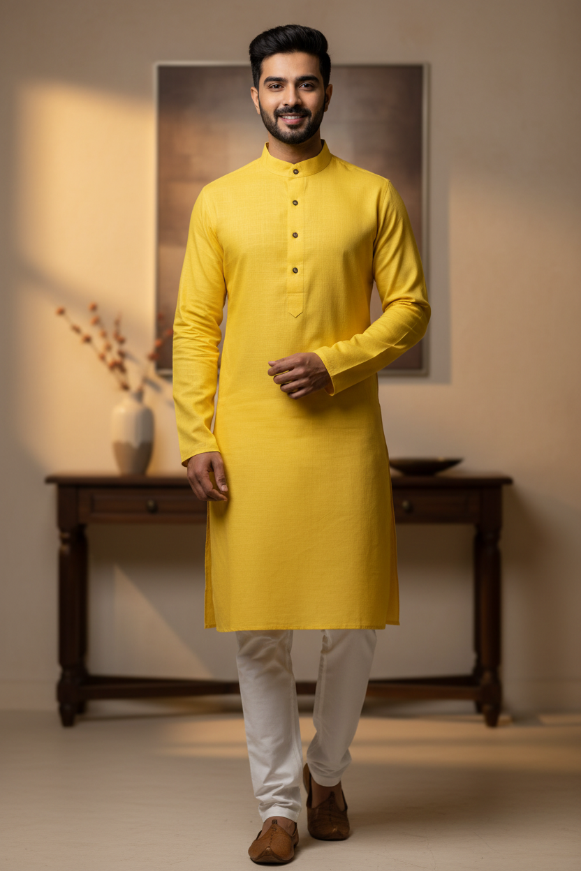 Size 36- Yellow Mens cotton kurta set