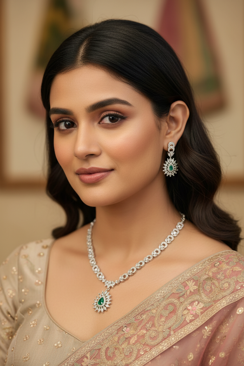 Silver Finish Necklace set with Green Stone