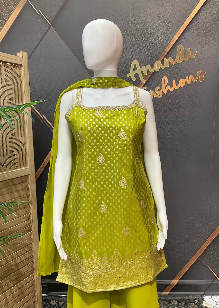 Green Benarasi Silk Sleeveless Palazzo Set