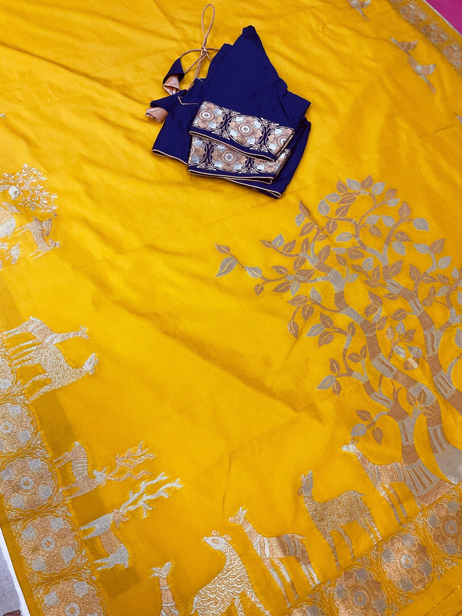 Semi Benarasi Saree with Contrast Stitched Blouse - Premium Quality