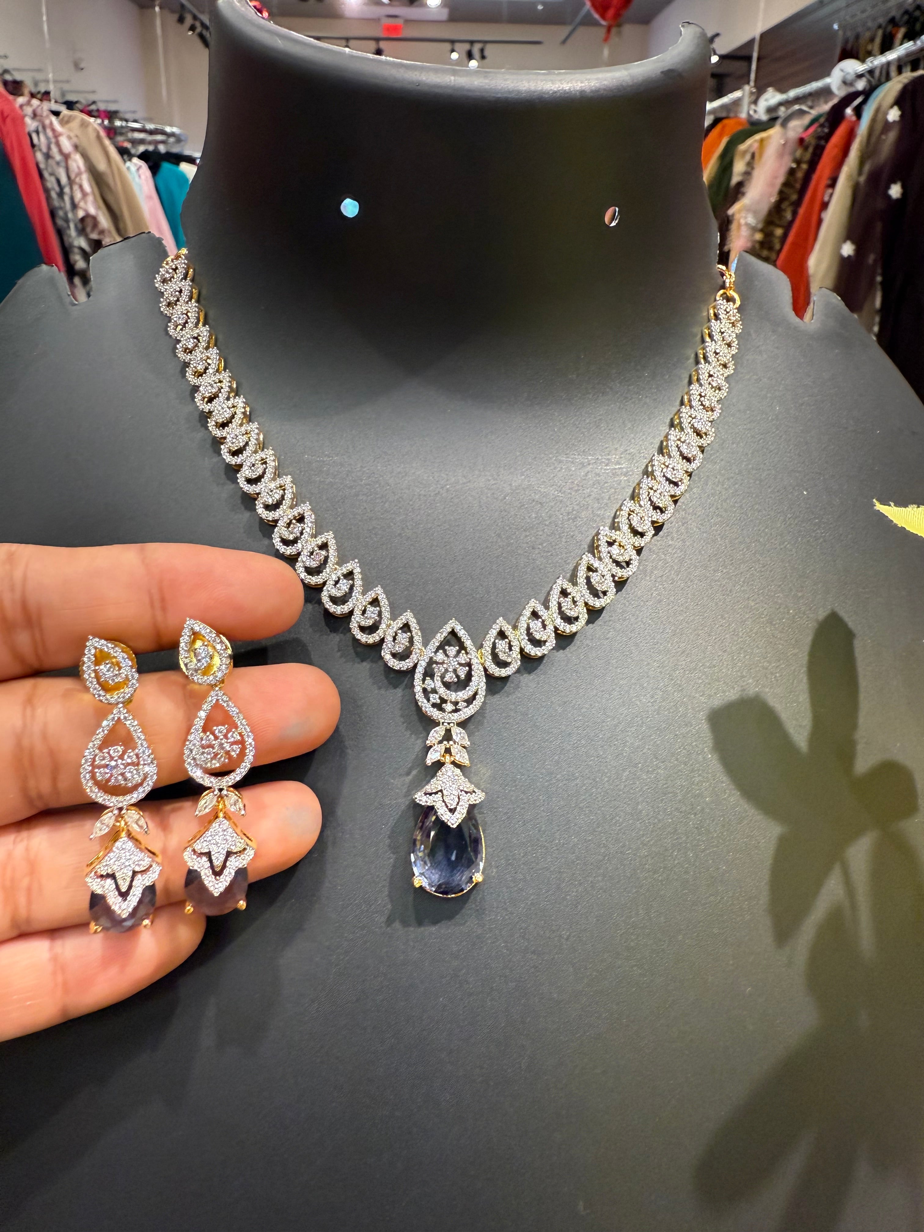 Party Wear CZ Necklace set with Drop Style pendant