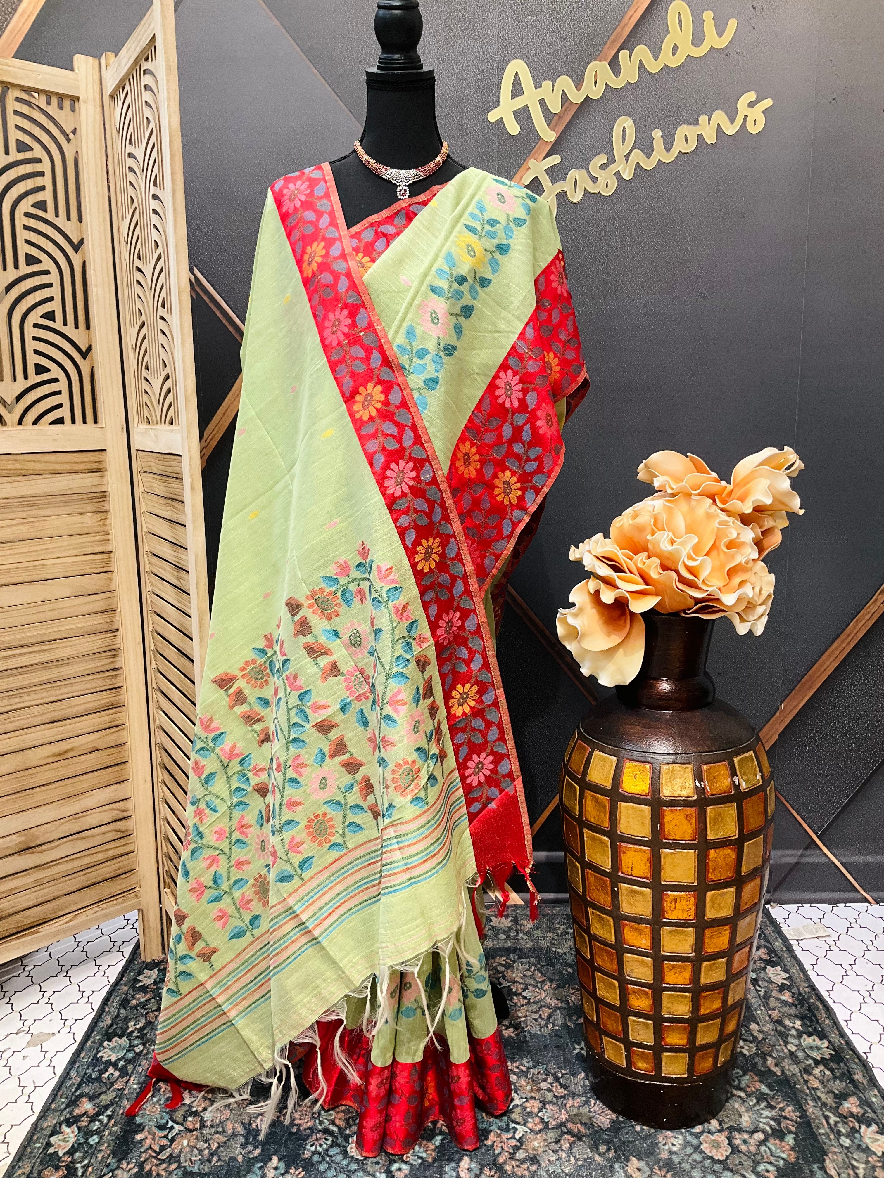 Green Lenin Jamdhani weaving Saree with Stitched blouse - fall pico done