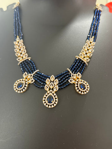Navy Blue - Onyx Beads Necklace set with CZ Stones