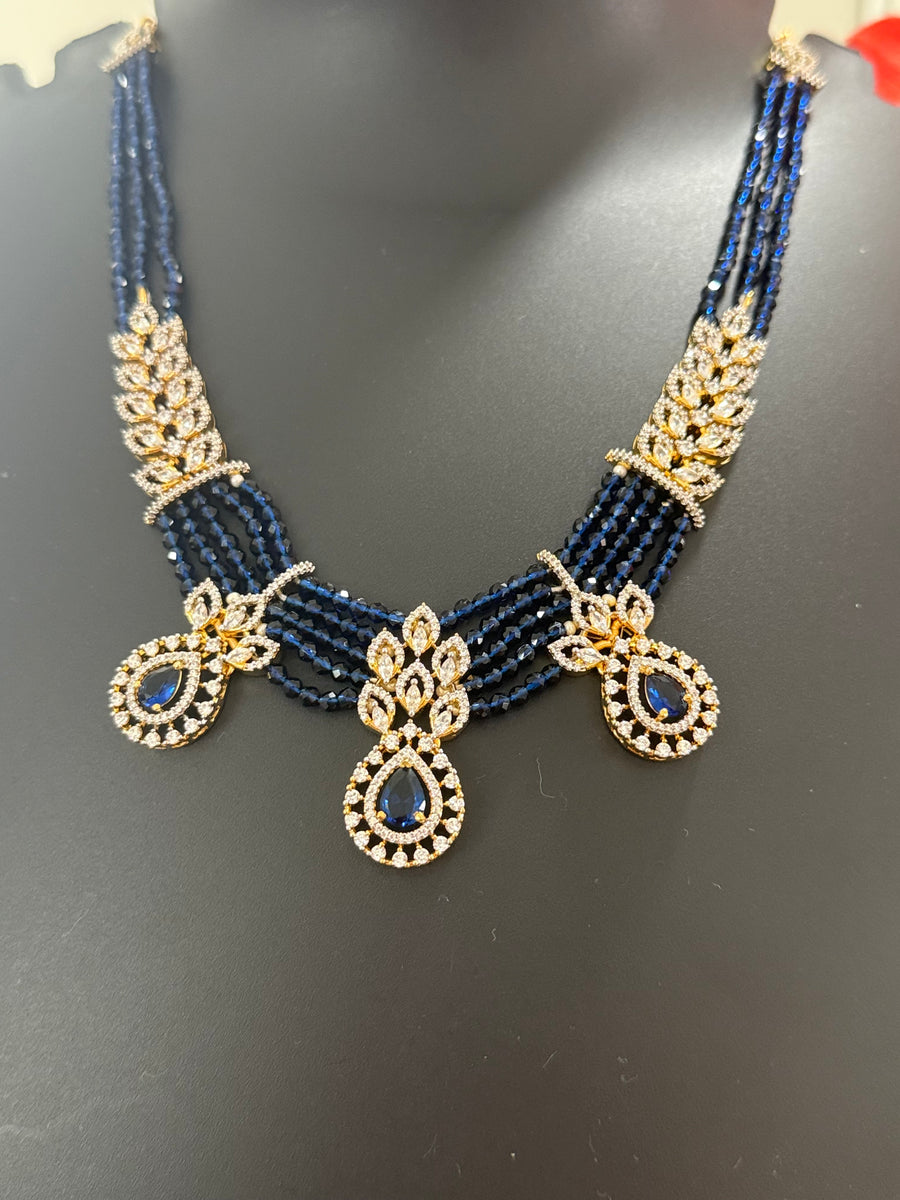 Navy Blue - Onyx Beads Necklace set with CZ Stones