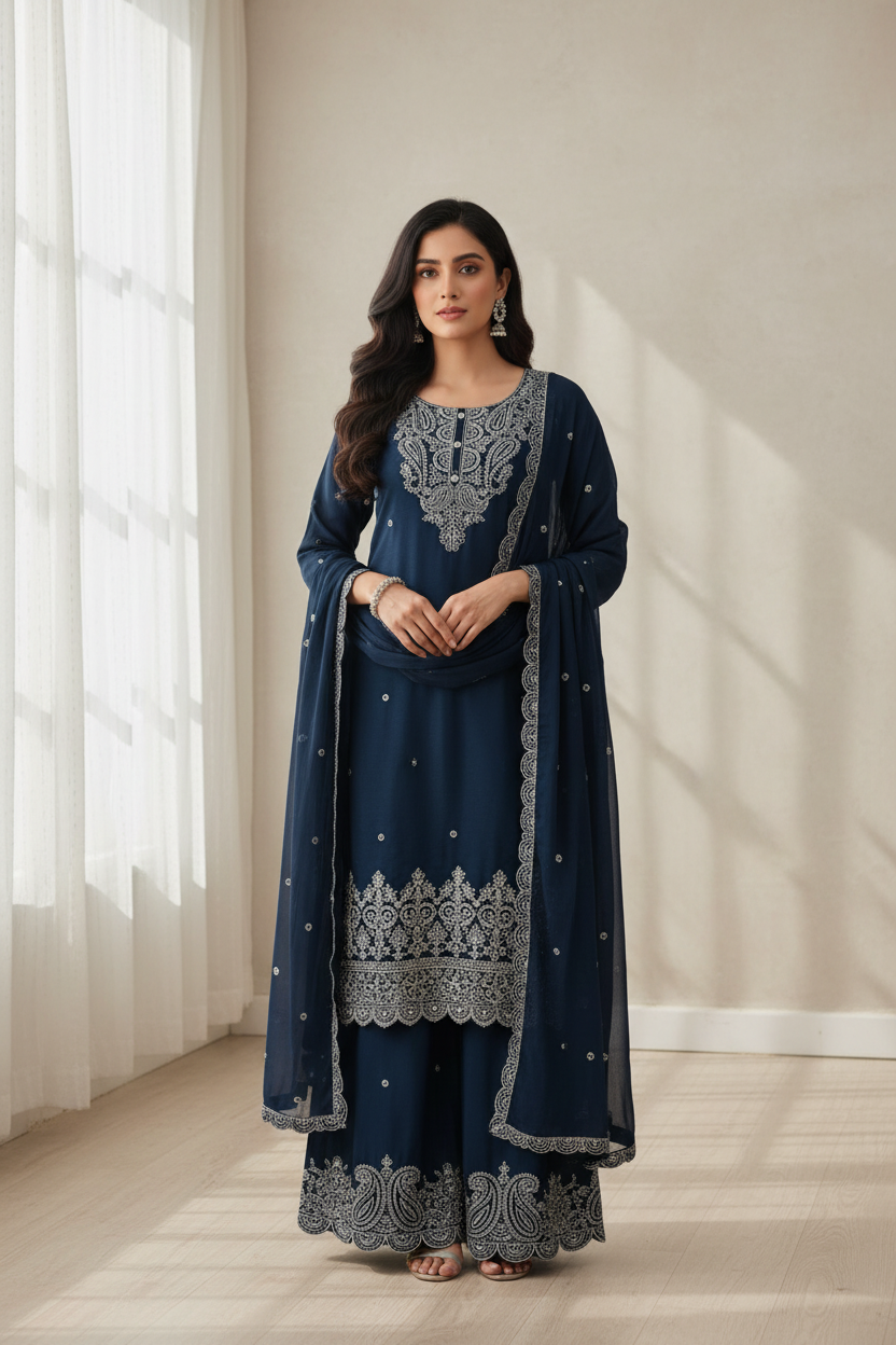 Size 44- Navy Blue Party Wear Palazzo set