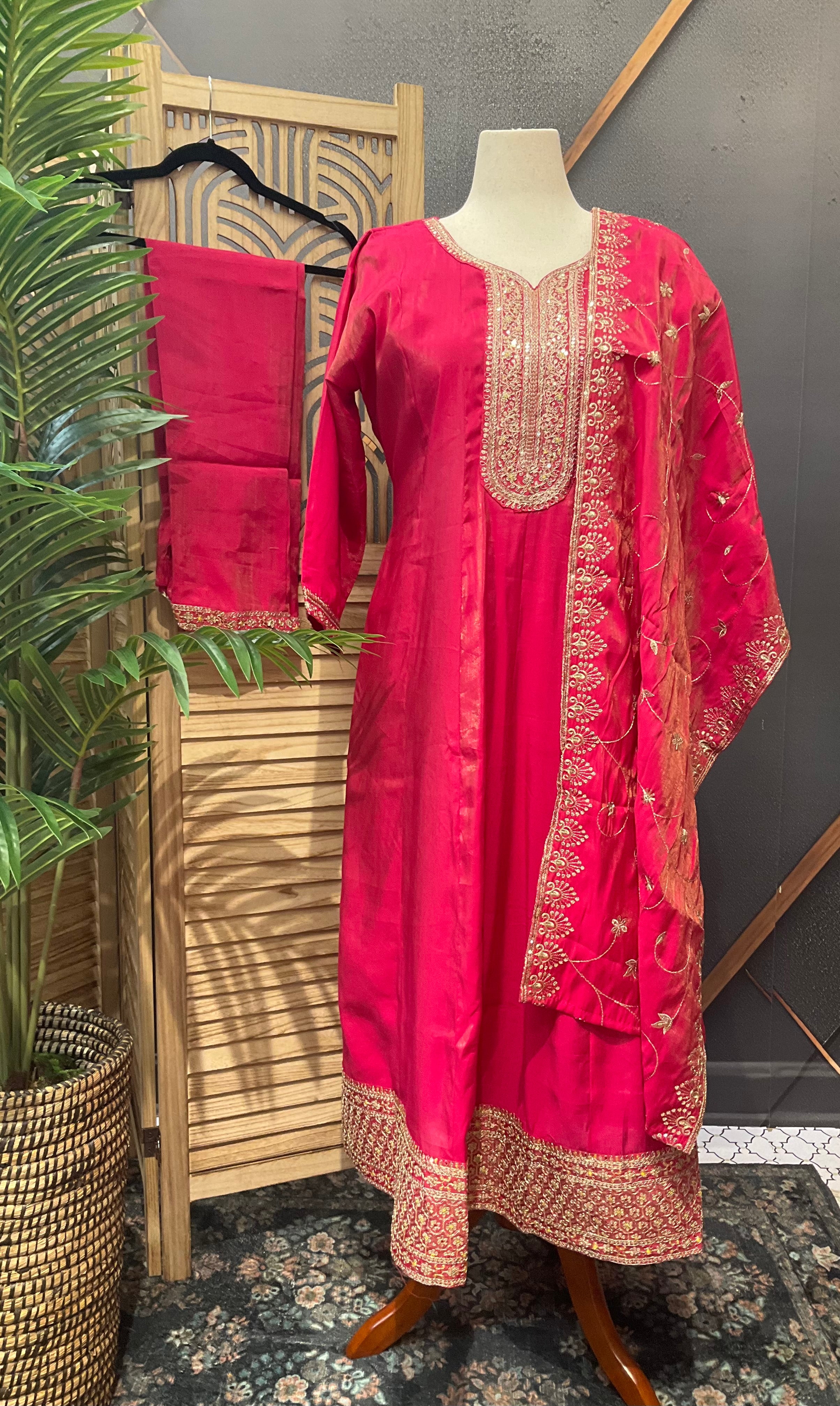 Size 46-Plus Size - Pink Shimmery Silk Anarkali Kurti set