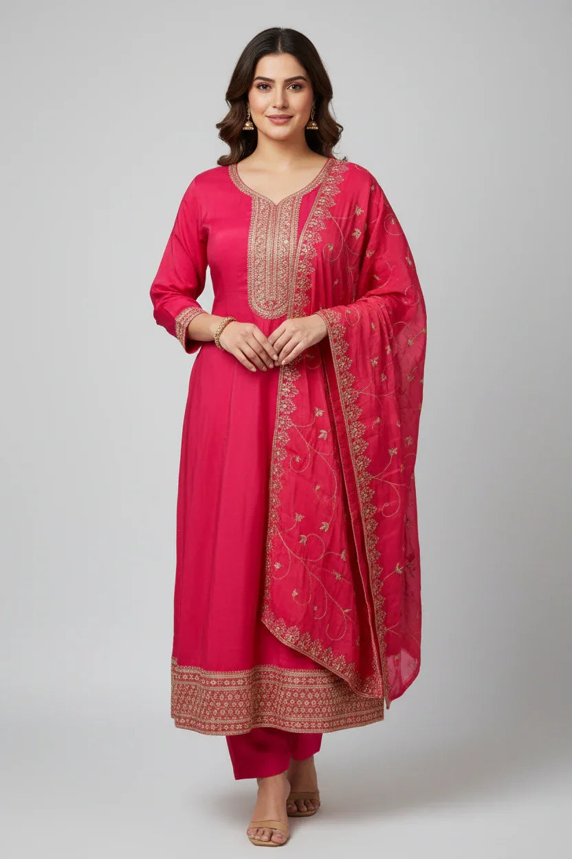 Plus Size Pink Shimmery Silk Anarkali Kurti Set Size 46 - Party Wear