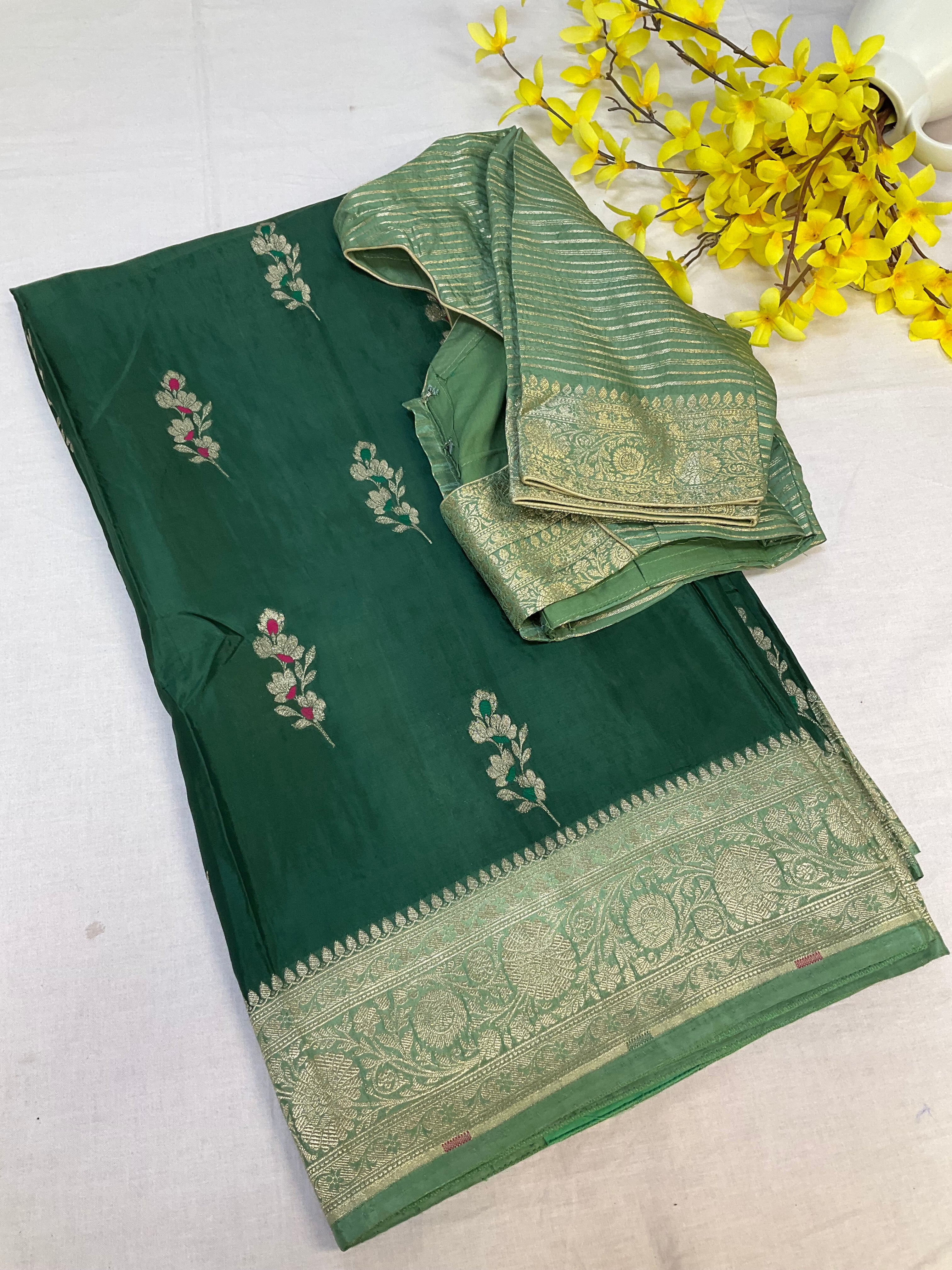 Green Benarasi Silk saree with Stitched Blouse