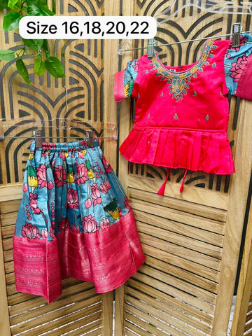 Toddler Girl Blue and Pink Kalamkari Lehenga Set - Kids Ethnic Wear