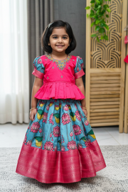 Toddler Girls Blue and Pink Kalamkari Lehenga Set