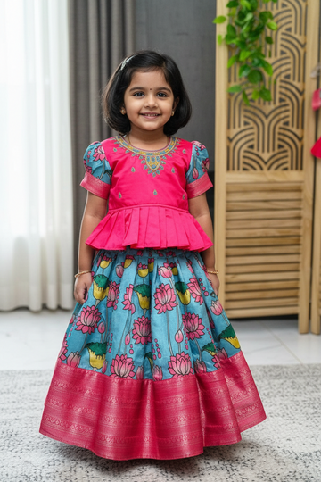 Toddler Girl Blue and Pink Kalamkari Lehenga Set - Kids Ethnic Wear