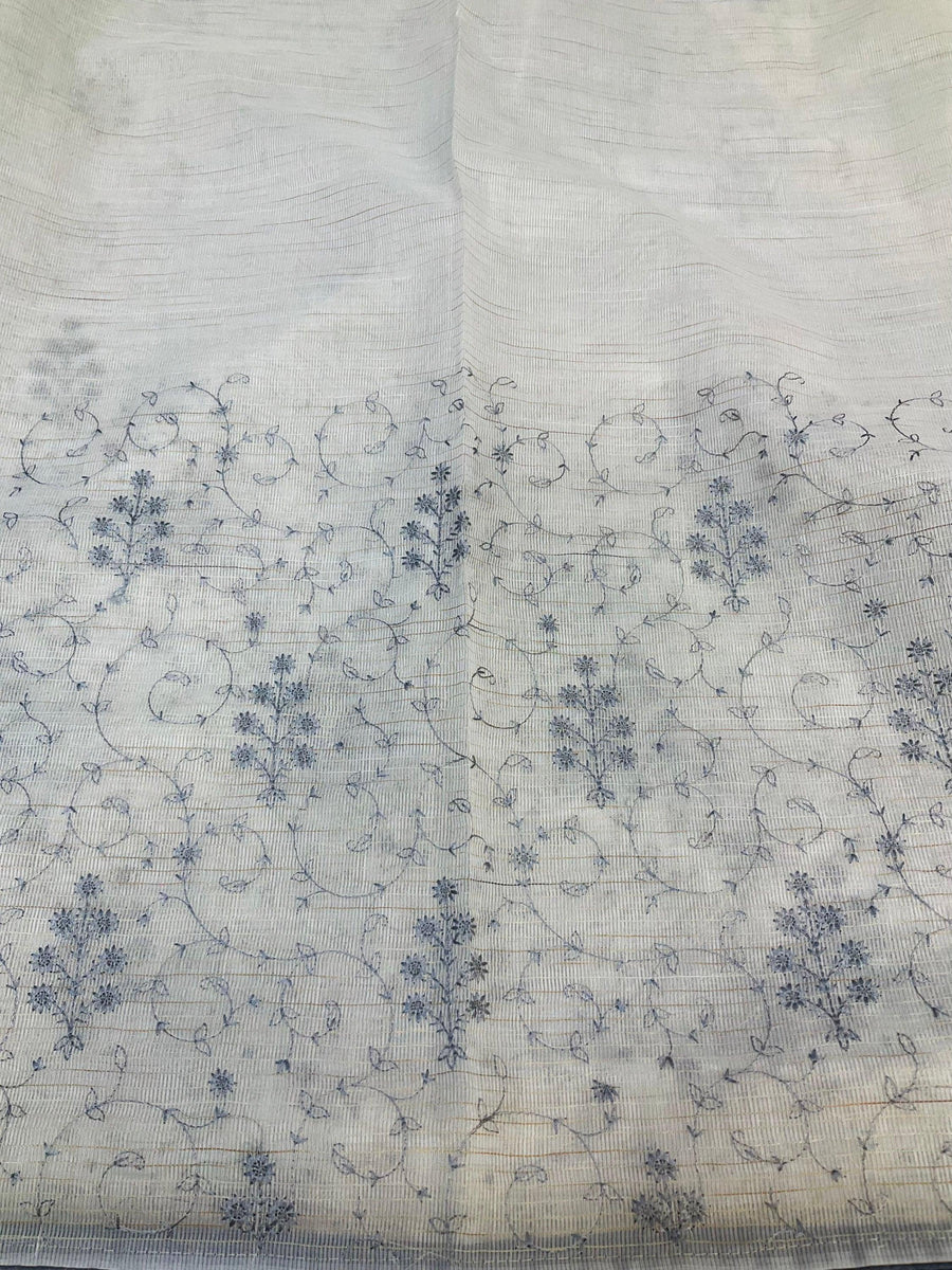 Chinon half white net saree with grey thread embroidery