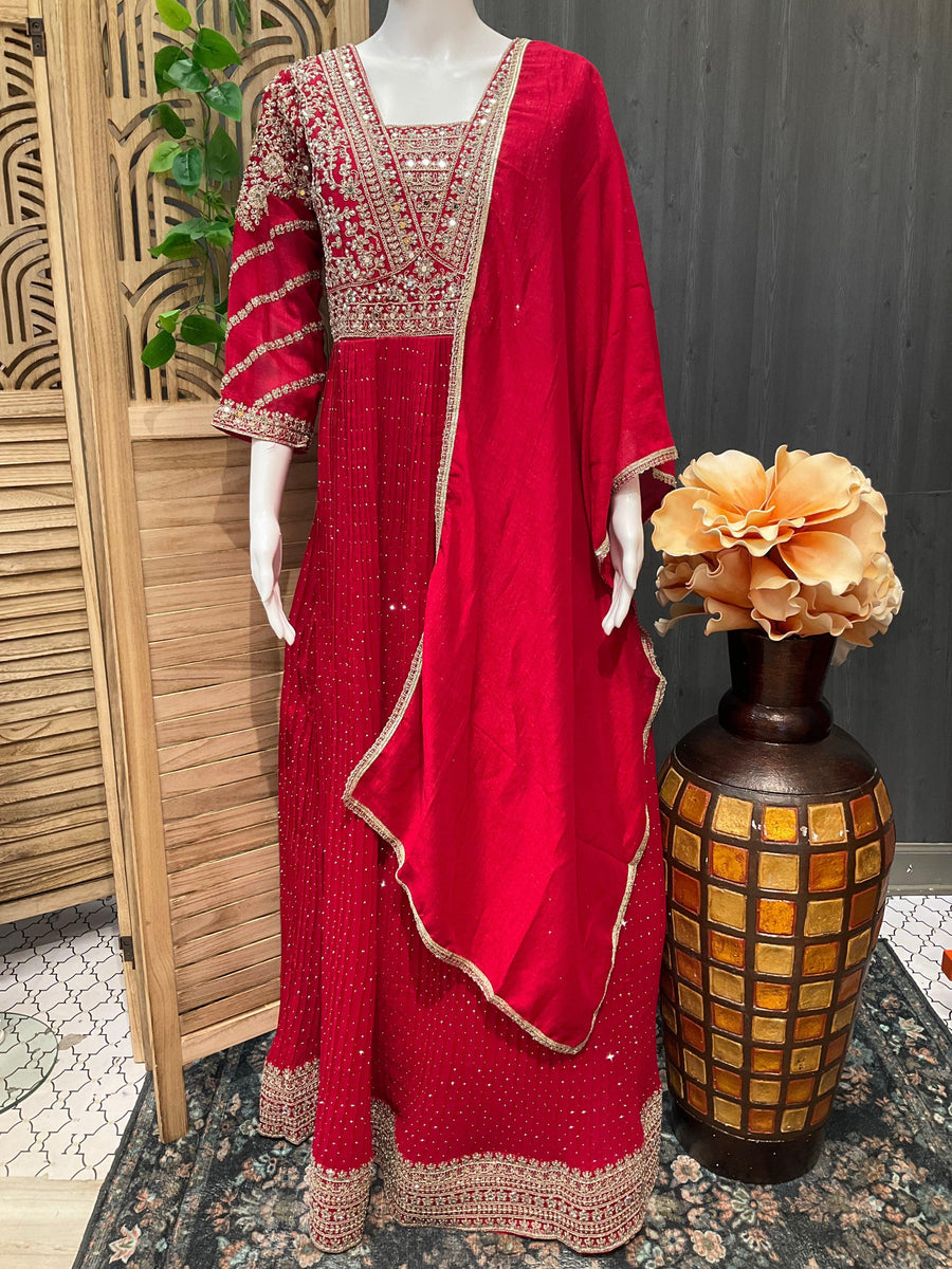 Red Vichitra Silk Party Gown Size 38 | Stone Work Long Dress for Women