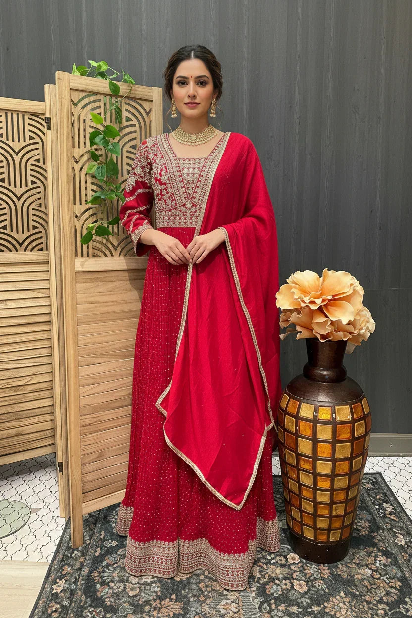 Woman in red embroidered Indian ethnic wear with matching dupatta, standing indoors near wooden screen and decorative vase