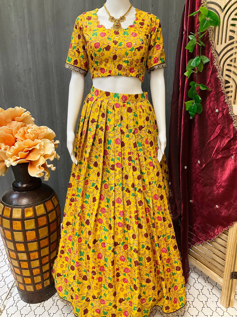 Yellow Kalamkari Half Saree Size 36 - Traditional Lehenga (fits upto 42)
