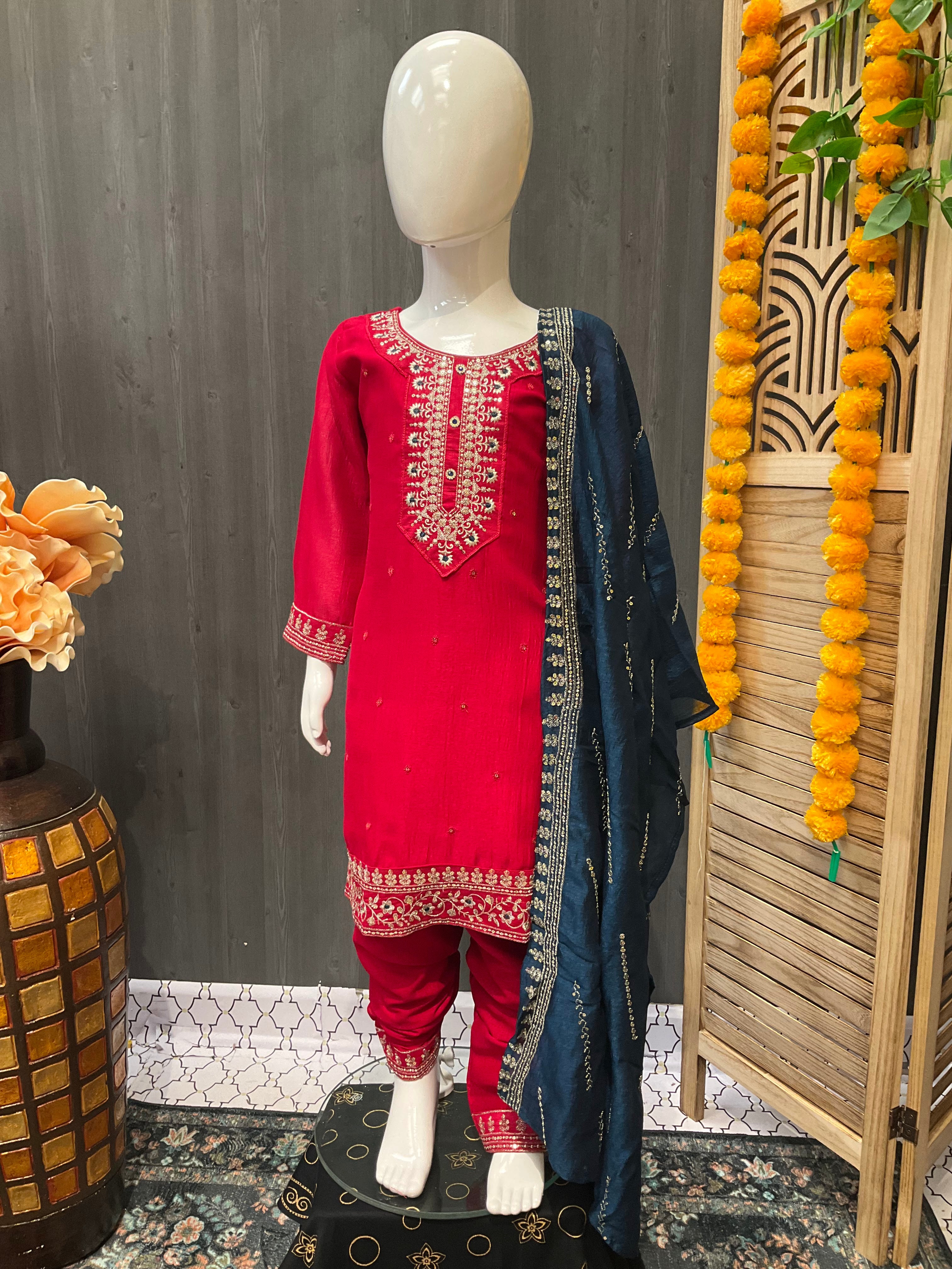 Little Girls- Roman Silk Material - Pink & Teal Blue Color Chudidhar set image 0