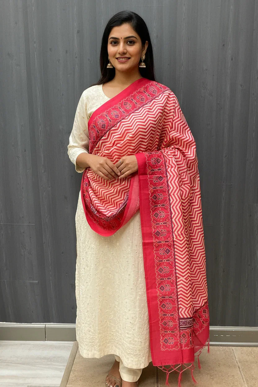 Woman wearing cream embroidered kurta with red and white zigzag patterned dupatta in indoor setting