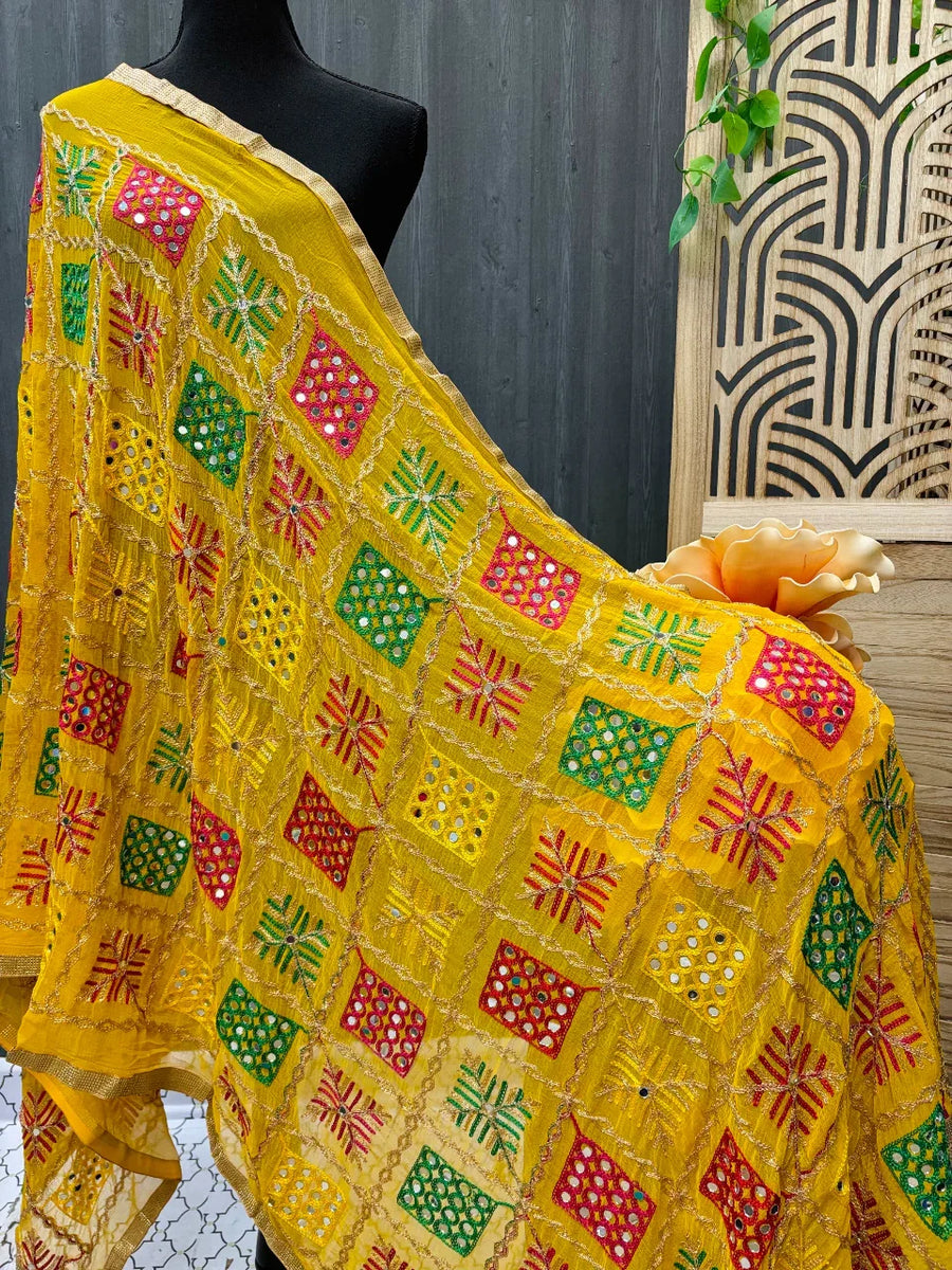 Phulkari Dupatta with Real Mirror Work - Traditional Embroidery