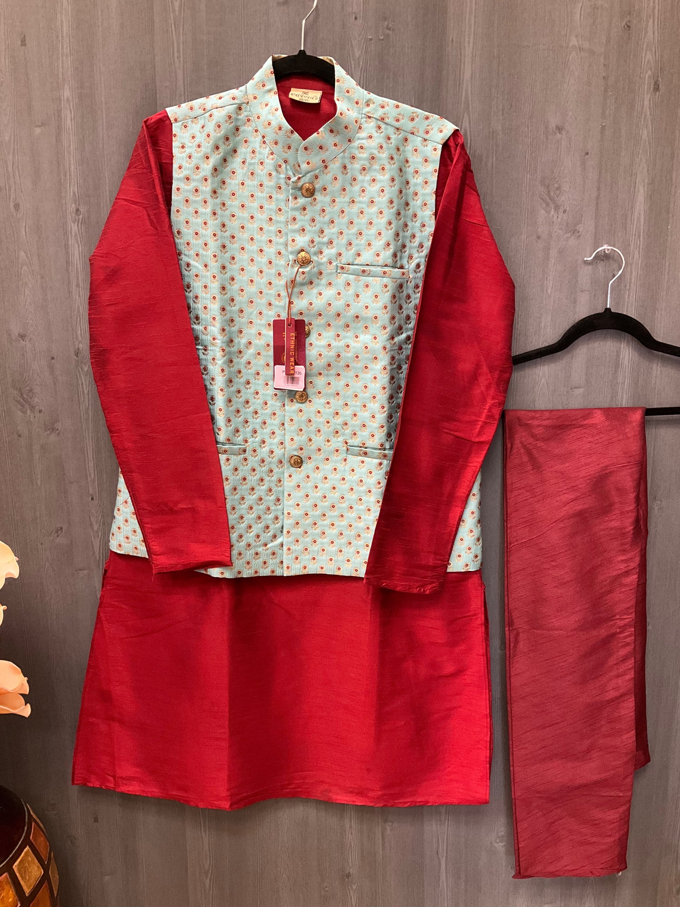 Party Wear for Men - Yellow and Red Men’s kurta set with Vest image 5