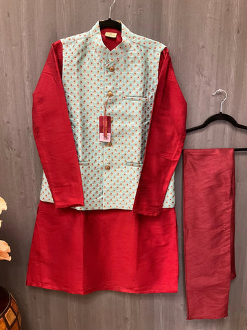 Party Wear for Men - Yellow and Red Men’s kurta set with Vest