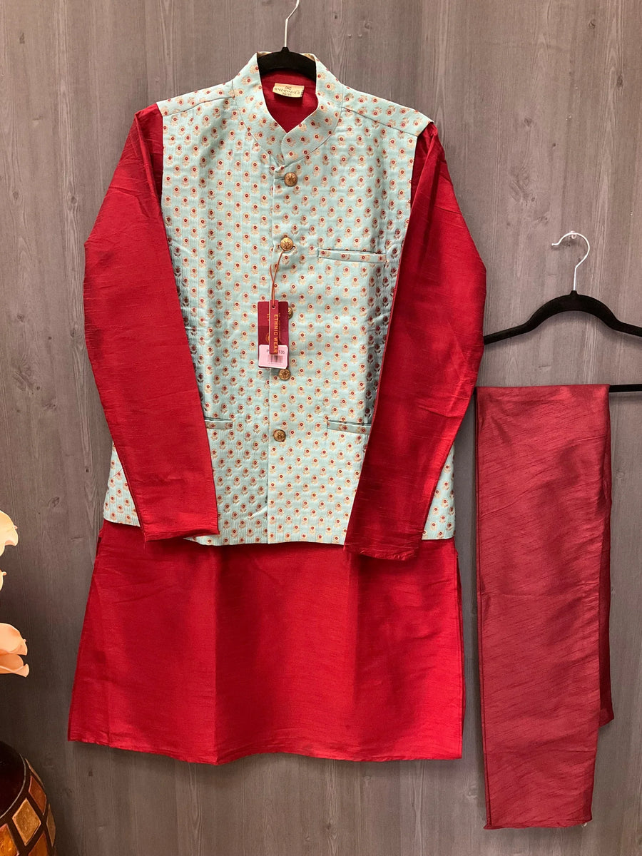 Party Wear for Men - Yellow and Red Men’s kurta set with Vest