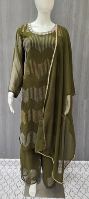 Olive Green-Party Wear Palazzo Top with Bead Work- Size 40/US S