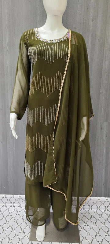 Olive Green-Party Wear Palazzo Top with Bead Work- Size 40/US S