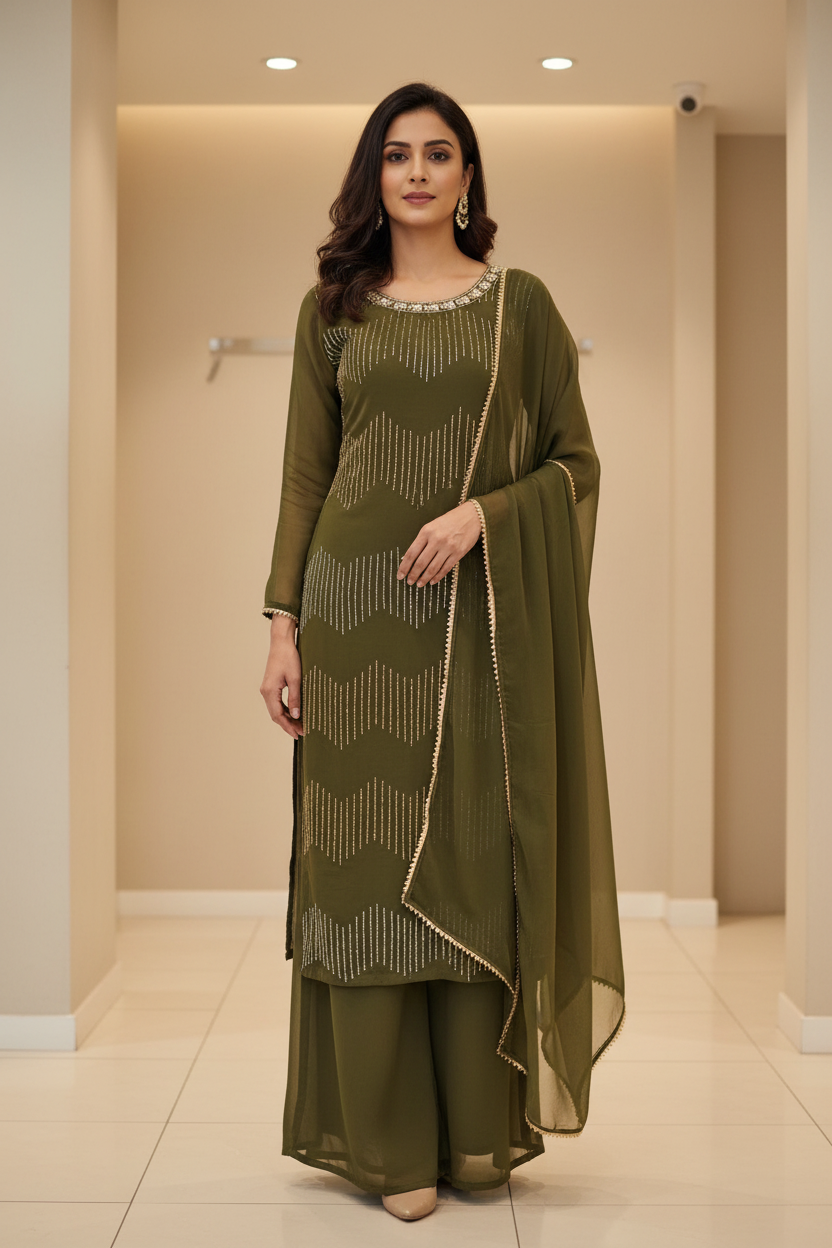 Olive Green-Party Wear Palazzo Top with Bead Work- Size 40/US S