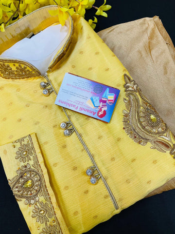 Men’s kurta - Yellow Kurta Set with embroidery work on hands