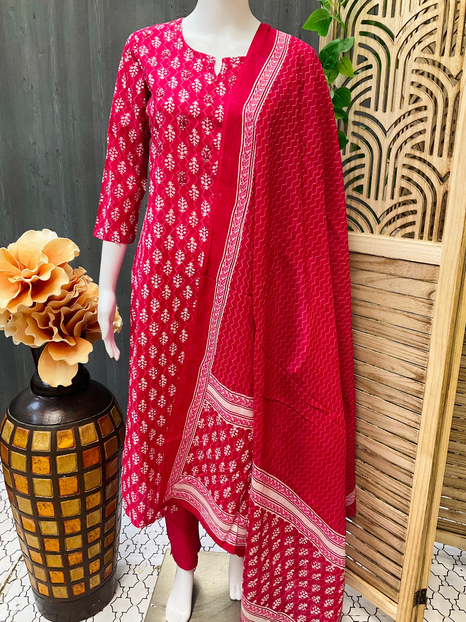 Pink- Pure cotton kurti set / churidar set with mirrors image 0