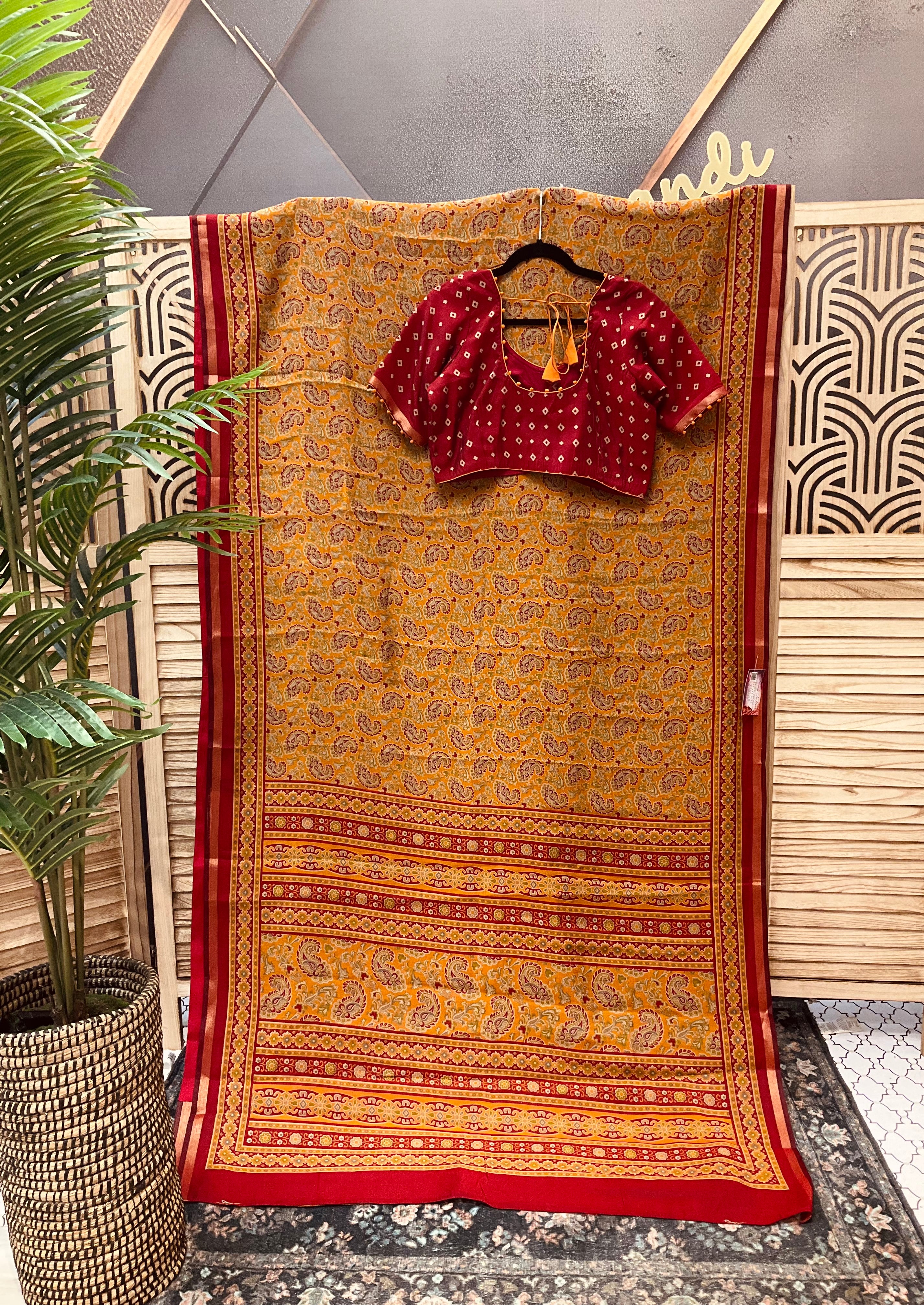 Yellow Ajrakh Print Sarees with stitched blouse