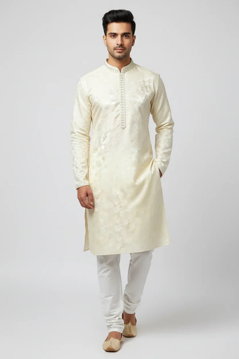 Man wearing cream-colored embroidered Indian kurta with white churidar and traditional juttis on plain background
