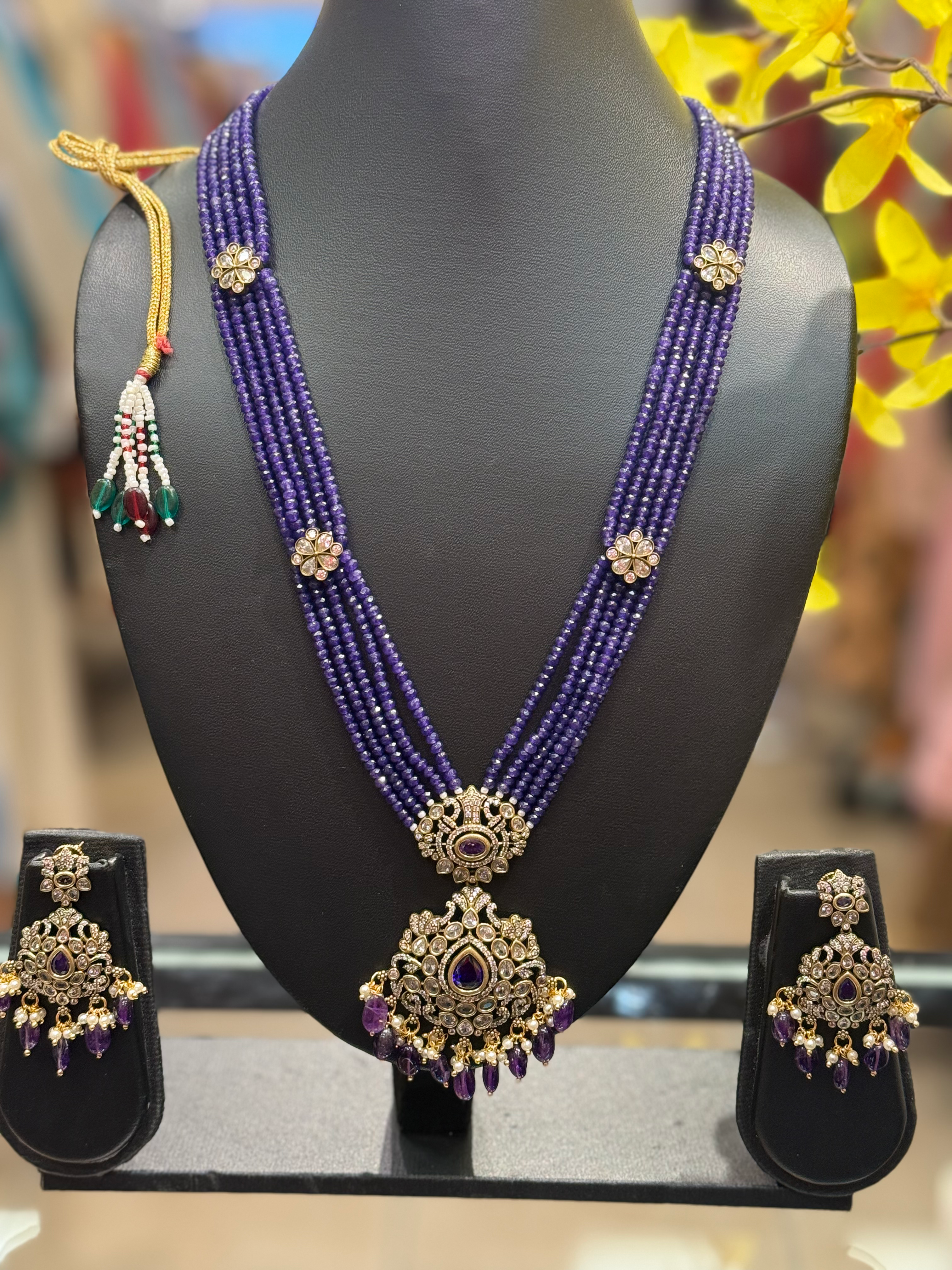 Crystal Beads Long Necklace with Victorian pendant & Earrings  image 3