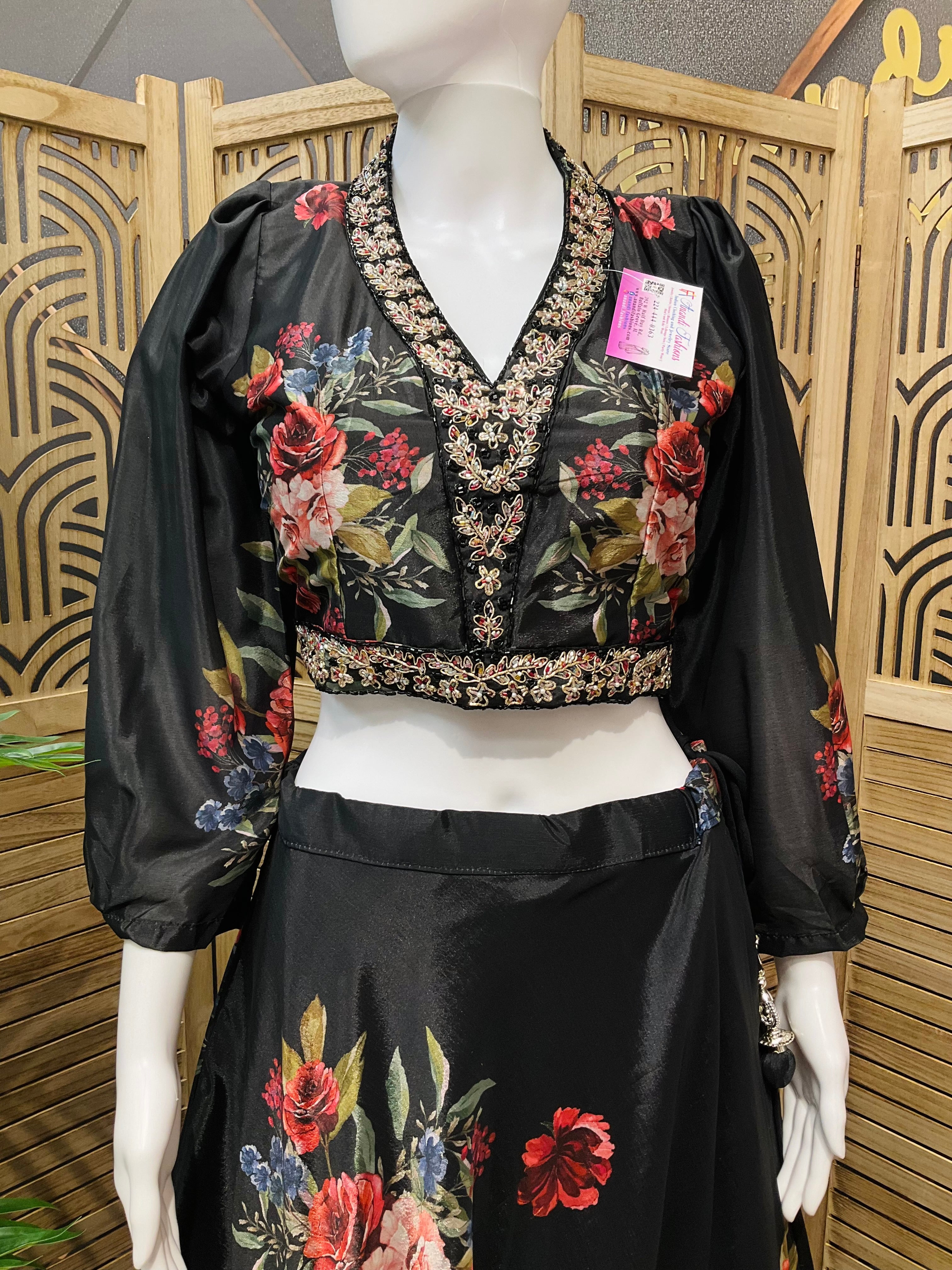 Size 38-Black Floral Lehenga set